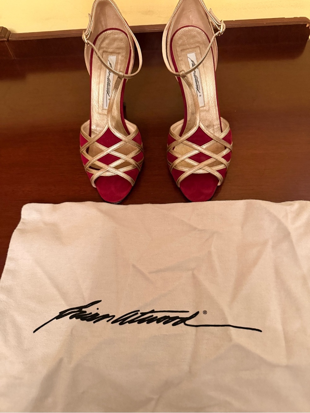 Brian Atwood Gold Strappy Heels with Red Footbed - Picture 3 of 5